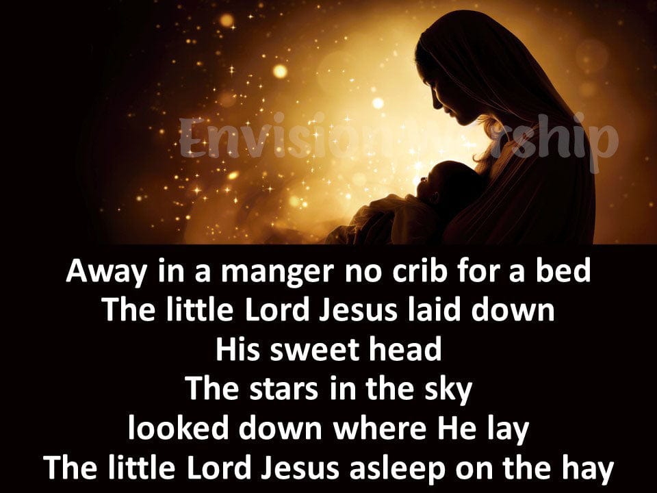 Away in the Manger, Mary and Baby Jesus Christmas Background PowerPoint Presentation slides