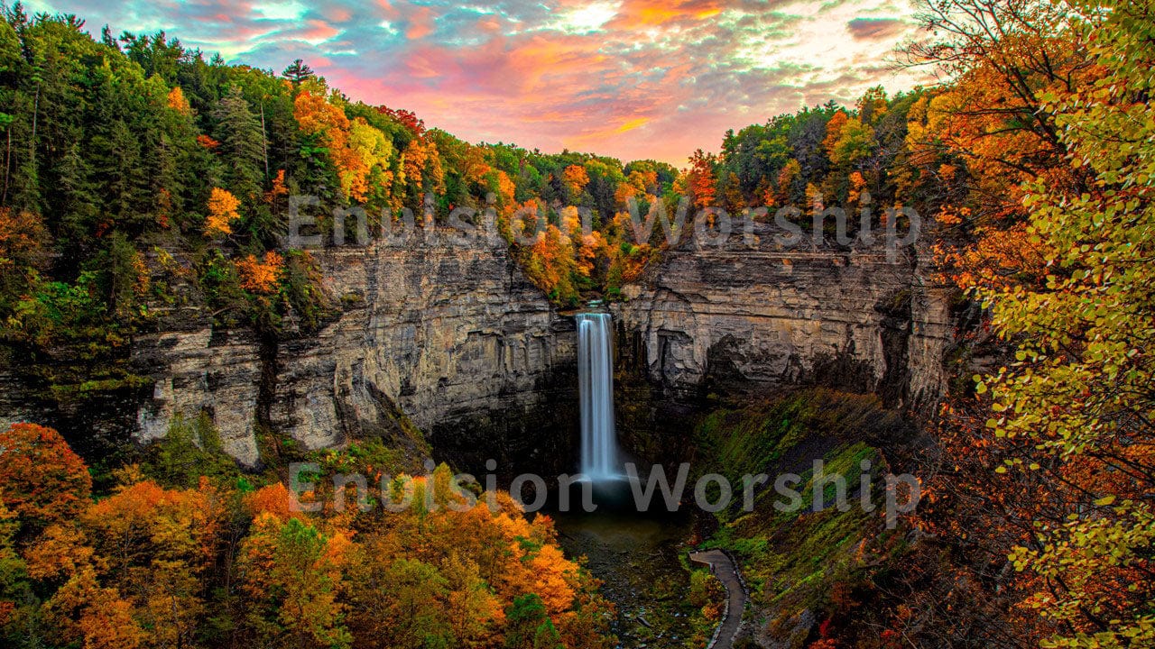 Autumn Waterfall Christian Background PowerPoint Template Slides for Worship