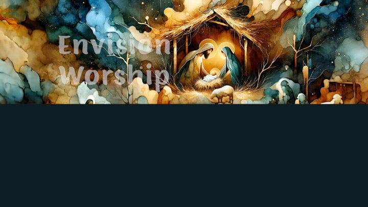 Holy Family Nativity Christmas PowerPoint with Baby Jesus, Mary and Joseph, starry sky, lambs