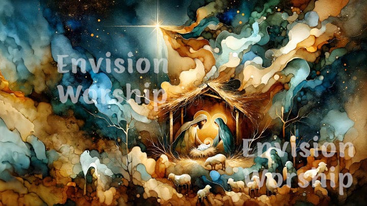 Holy Family Nativity PowerPoint with Baby Jesus, Mary and Joseph, starry sky, lambs, watercolor art