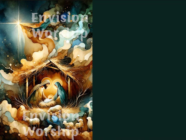 Holy Family Nativity PowerPoint with Baby Jesus, Mary and Joseph, starry sky, lambs, watercolor art