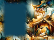 Holy Family Nativity PowerPoint with Baby Jesus, Mary and Joseph, starry sky, lambs, watercolor art