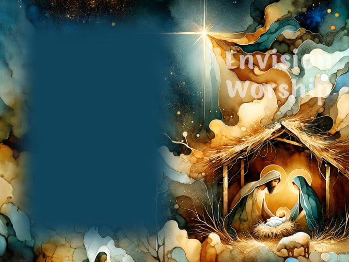 Holy Family Nativity PowerPoint with Baby Jesus, Mary and Joseph, starry sky, lambs, watercolor art