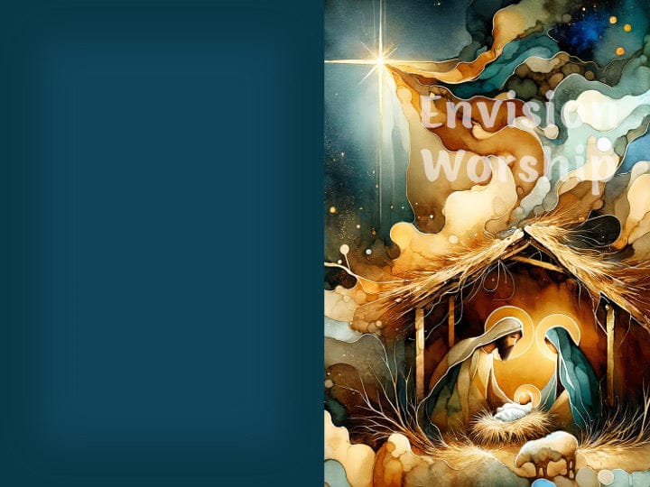 Holy Family Nativity PowerPoint with Baby Jesus, Mary and Joseph, starry sky, lambs, watercolor art