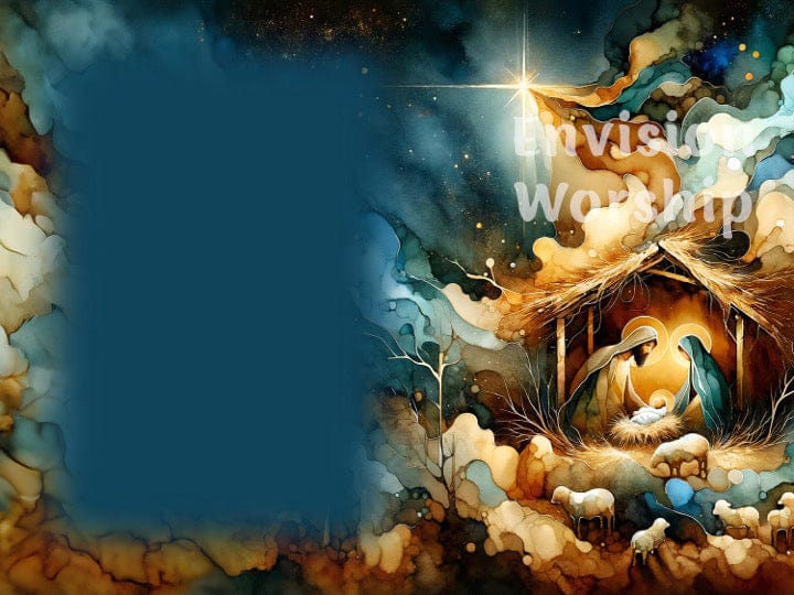 Holy Family Nativity PowerPoint with Baby Jesus, Mary and Joseph, starry sky, lambs, watercolor art