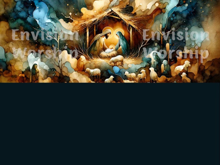 Holy Family Nativity PowerPoint with Baby Jesus, Mary and Joseph, starry sky, lambs, watercolor art