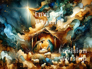 Holy Family Nativity PowerPoint with Baby Jesus, Mary and Joseph, starry sky, lambs, watercolor art