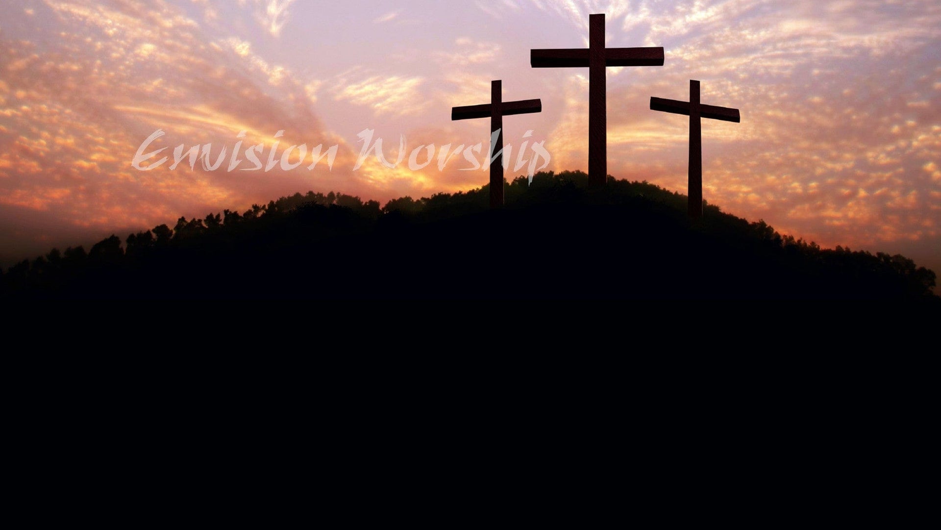 Easter Worship PowerPoint - dawn on Calvary with three empty crosses.
