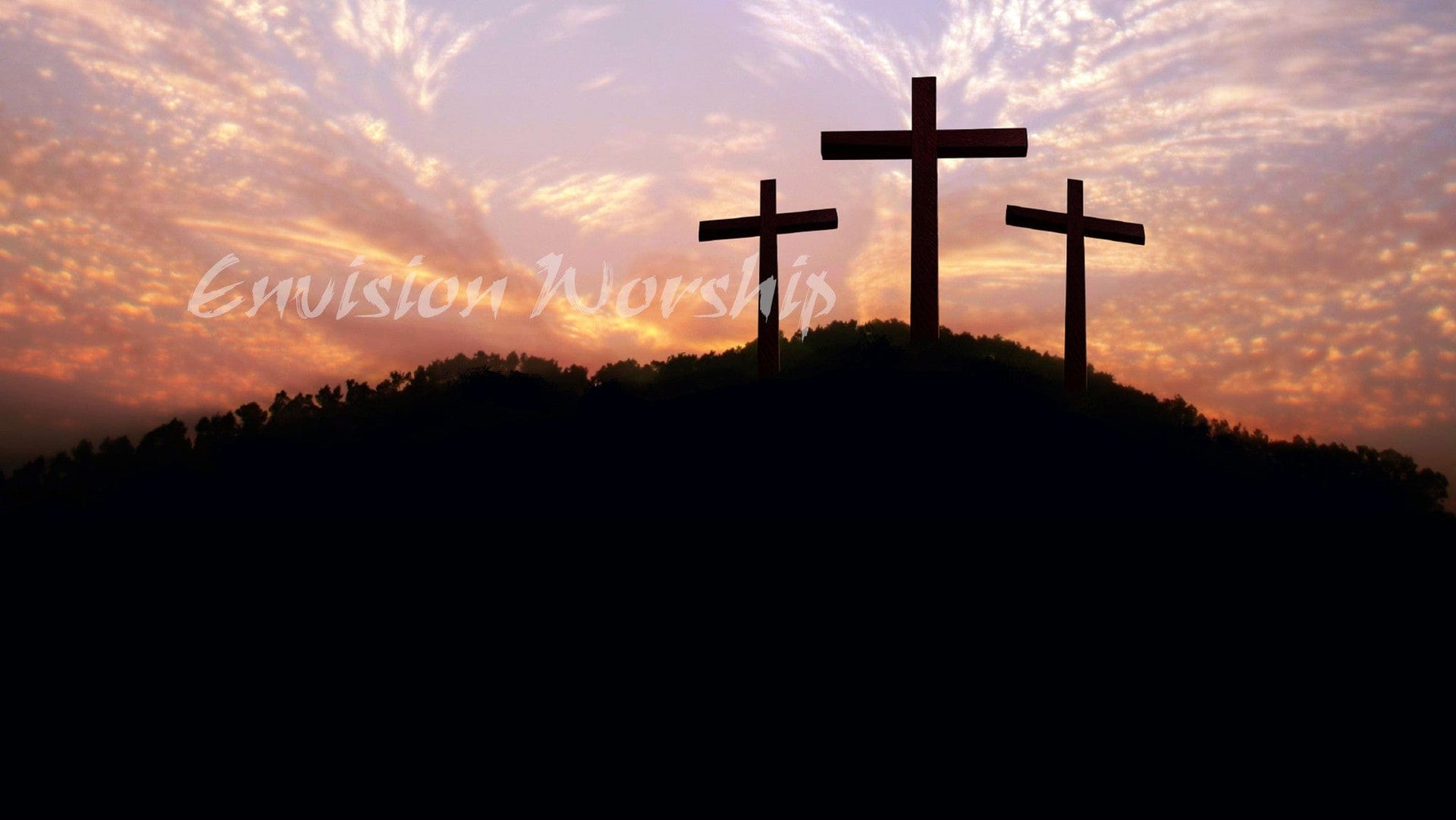 Easter Church PowerPoint at dawn with three empty crosses on Calvary